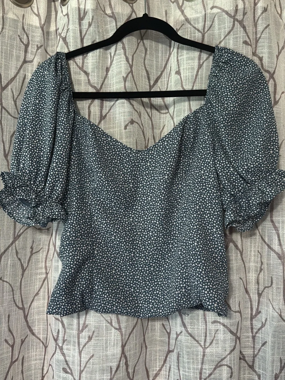 Abercrombie & Fitch Navy Puff Sleeve Square Neck Blouse with White Dots